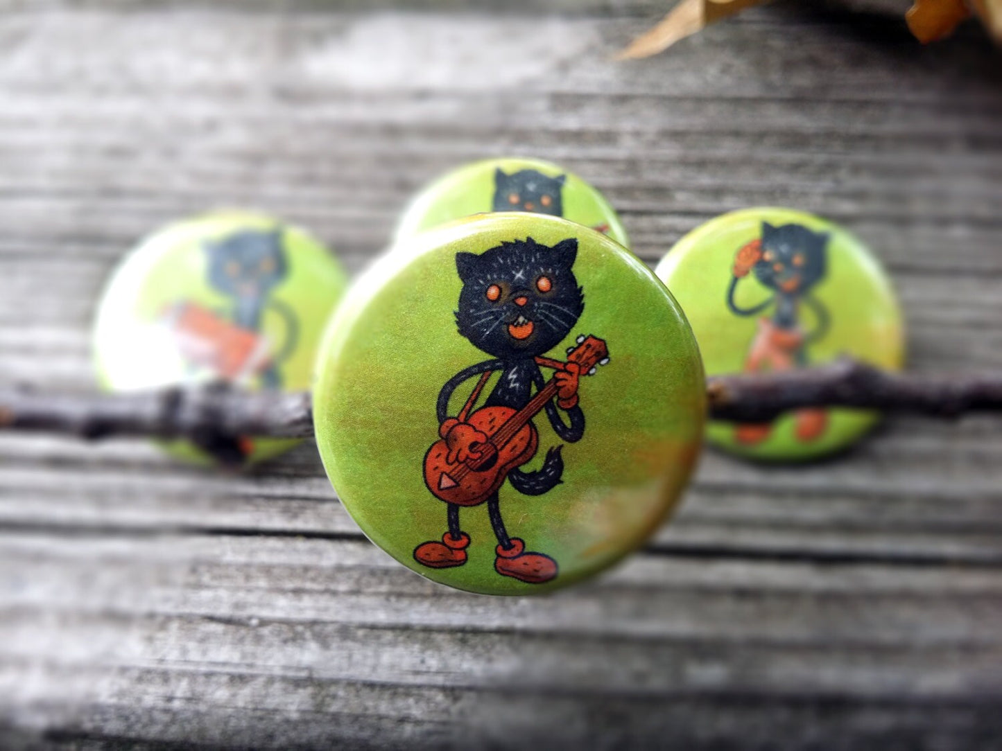 Black Cat, cats, music, guitar, banjo, halloween, fall 4 Pin set 1.25', Keychain, Magnet