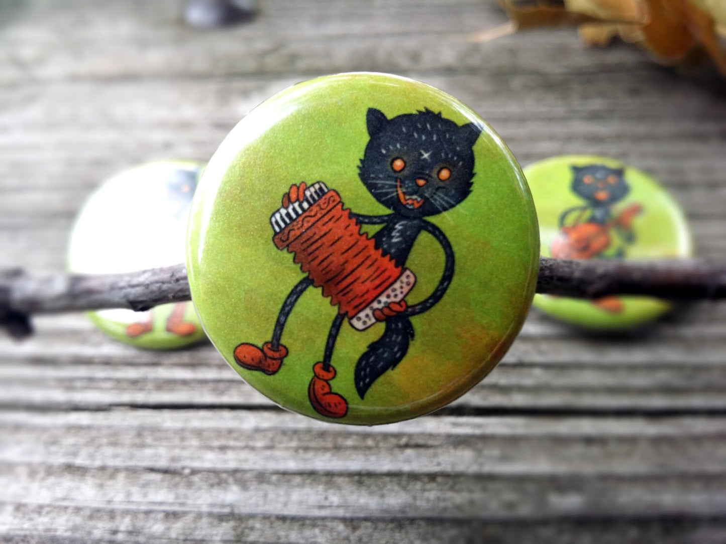 Black Cat, cats, music, guitar, banjo, halloween, fall 4 Pin set 1.25', Keychain, Magnet