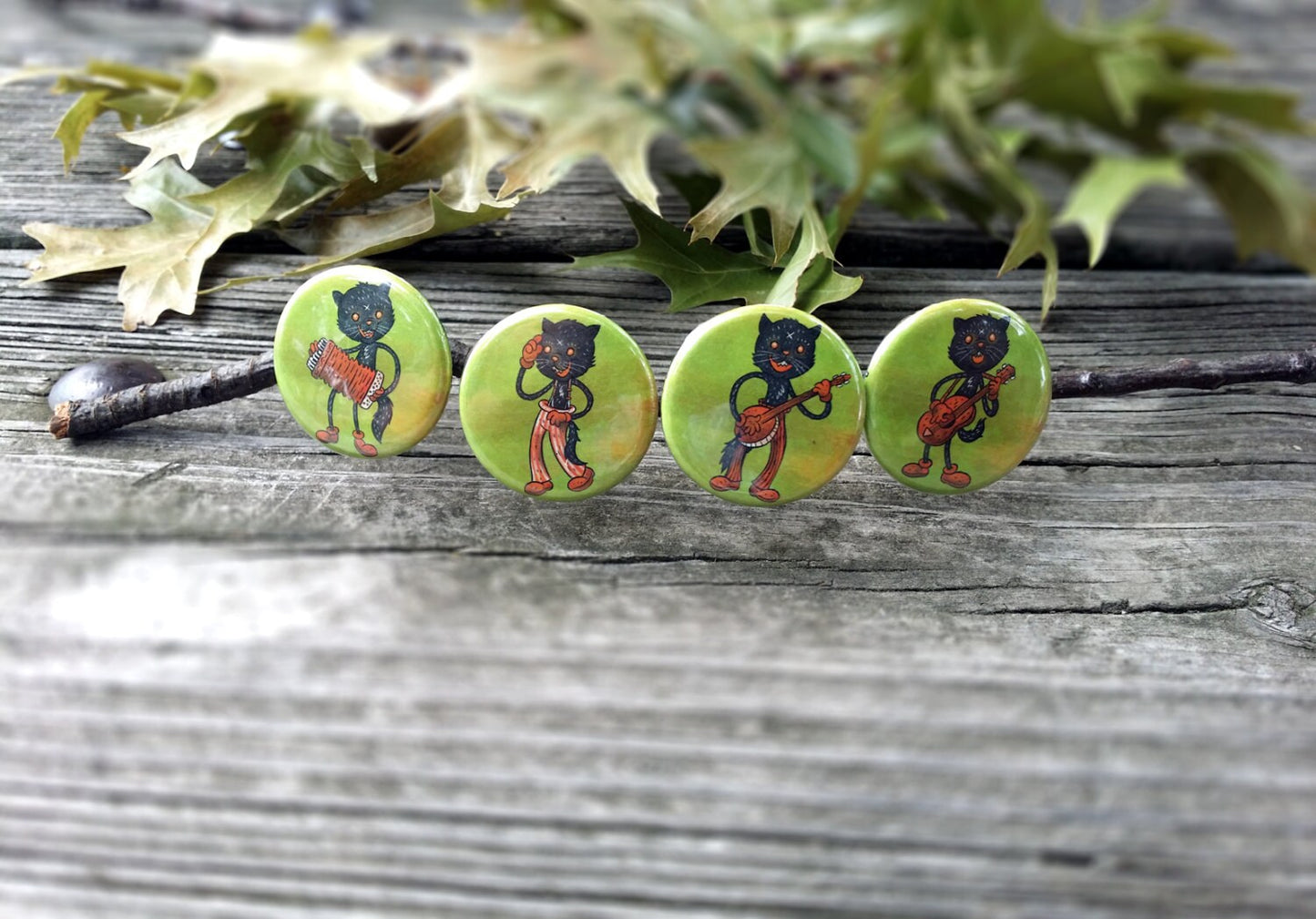 Black Cat, cats, music, guitar, banjo, halloween, fall 4 Pin set 1.25', Keychain, Magnet