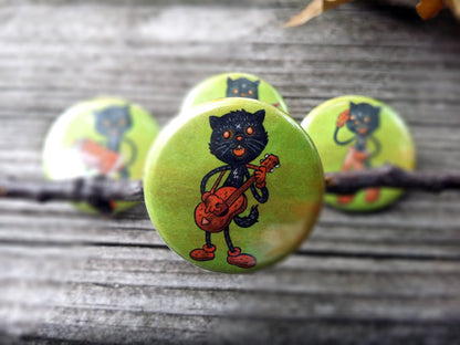 Black Cat, cats, music, guitar, banjo, halloween, fall 4 Pin set 1.25', Keychain, Magnet